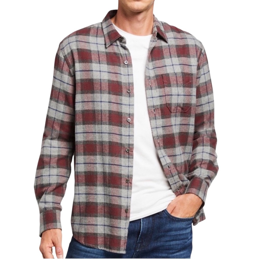 Frame Classic Brushed Plaid Red and Gray Button Down Long Sleeve Shirt SMALL